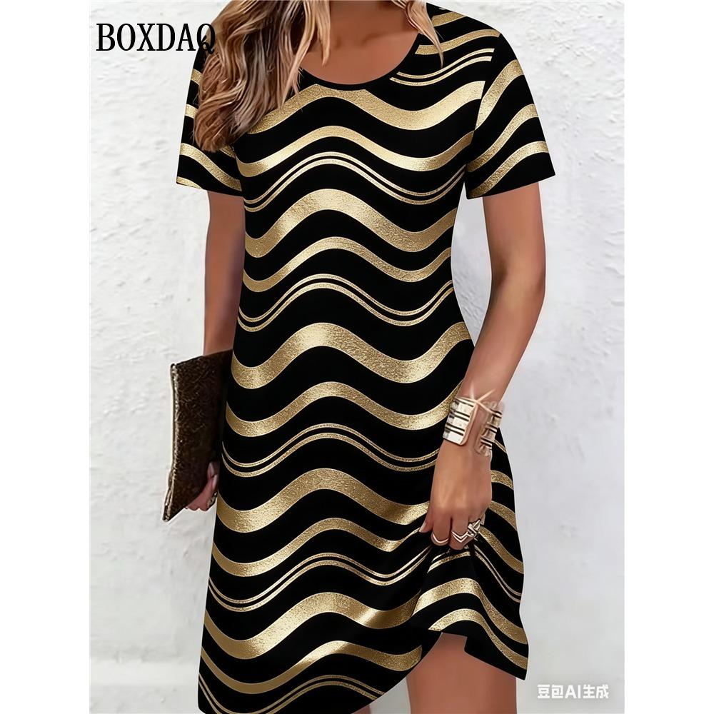2026 Summer Dresses Women Fashion Striped 3D Print Short Sleeve Dress Casual Elegant Women's Loose Dress