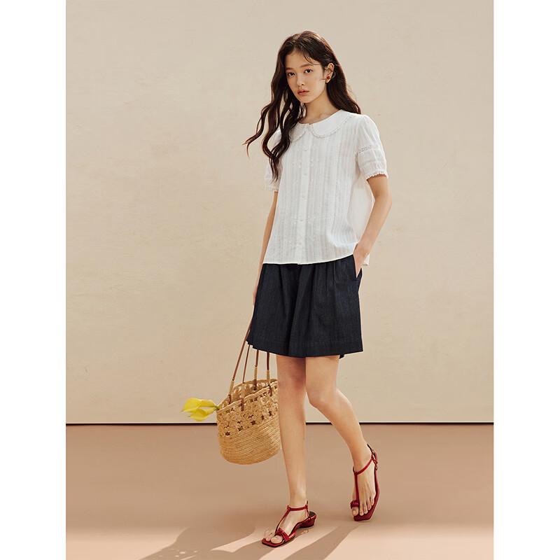 INMAN Damen Xinjiang-Baumwolle Jacquard Spitzenbesatz Kurzarmhemd