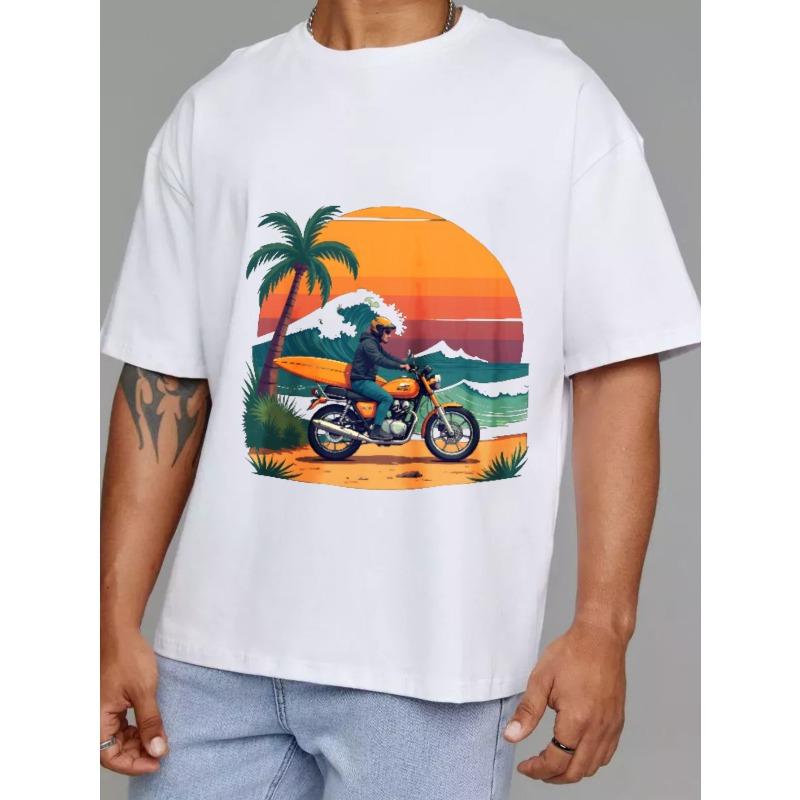 White T-Shirt with Motorcycle and Palm Tree Sunset Beach Scene Print for Casual Wear