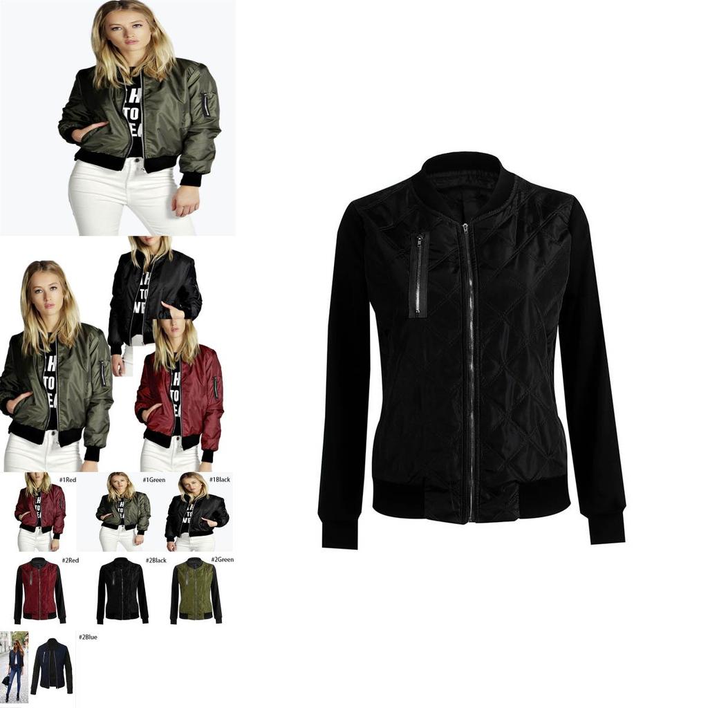 Stylish Womens Classic Padded Bomber Jacket Vintage Zip Biker Coat Long Sleeves