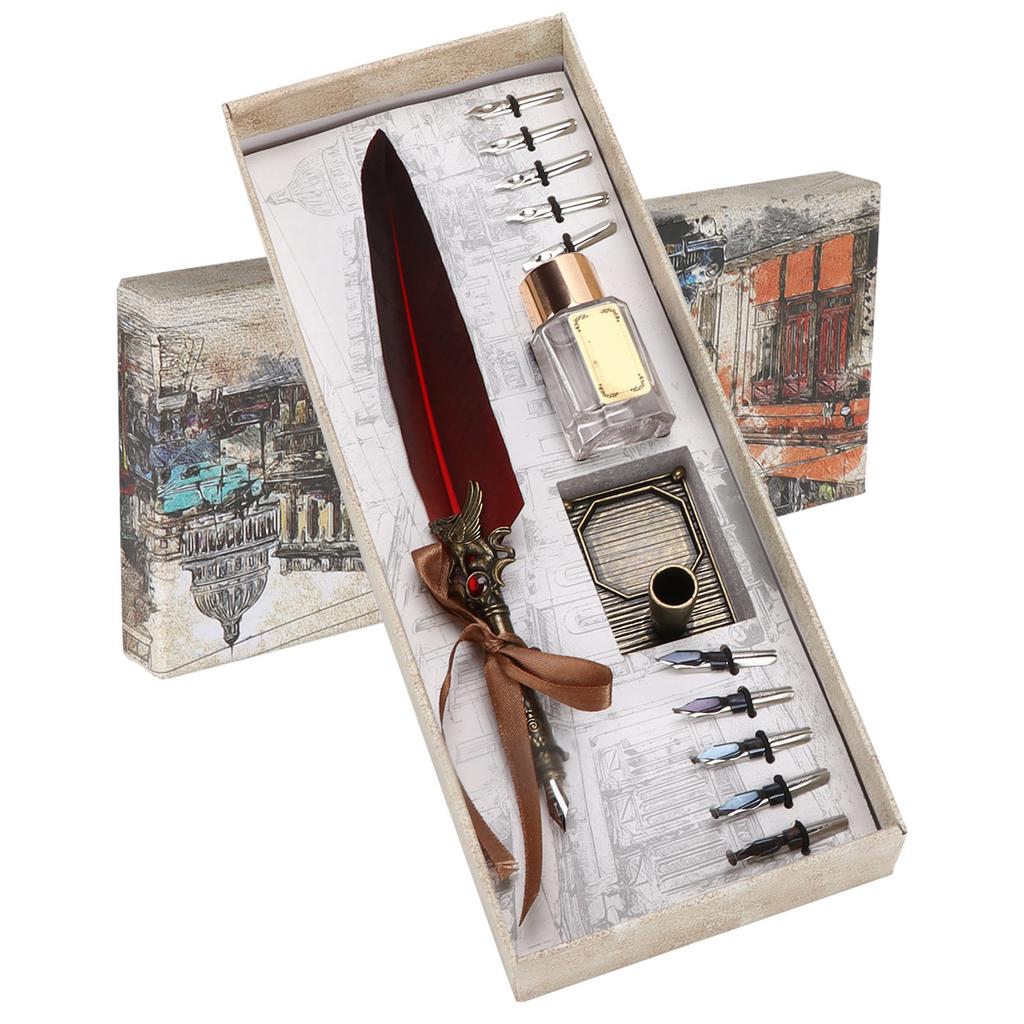 Feather Pen Set Vintage Creativity Ink Carving Writing Suit for Lover Teacher Classmate GiftBurgundy