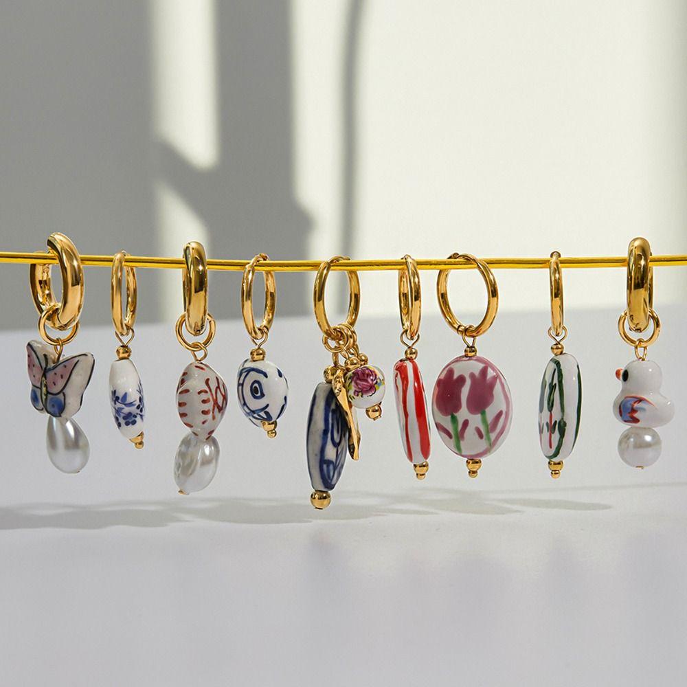 Stainless Steel Ceramic Ear Buckle Dripping Oil Gold Hoop Earrings Party