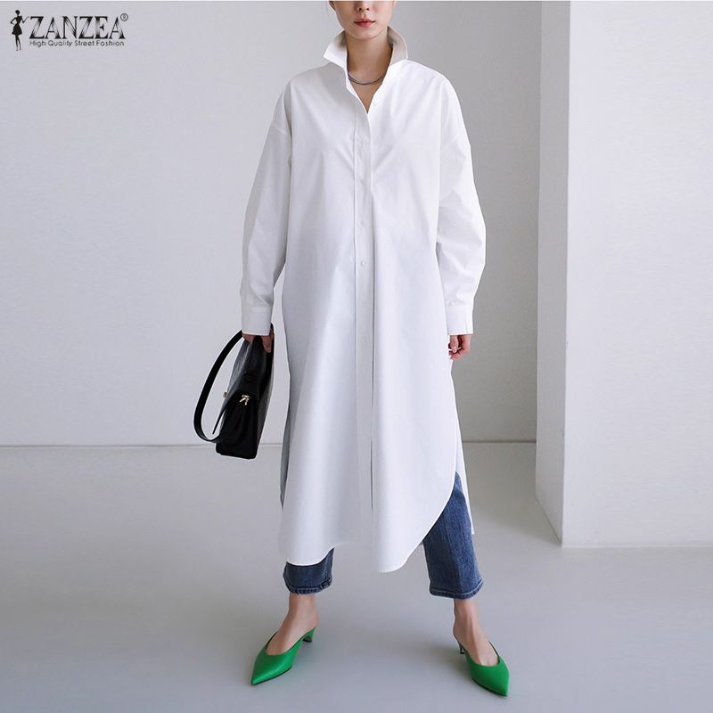 ZANZEA Blouse Longue Décontractée Ample à Manches Longues et Col Rabattu pour Femme