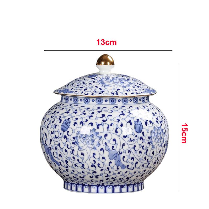 Antikk Blå og Hvit Porselen Oppbevaringskrukkelokk Gullbelagt Oppbevaringsbeholder Husholdning Stor Kapasitet Forseglet Keramisk Tebeholder