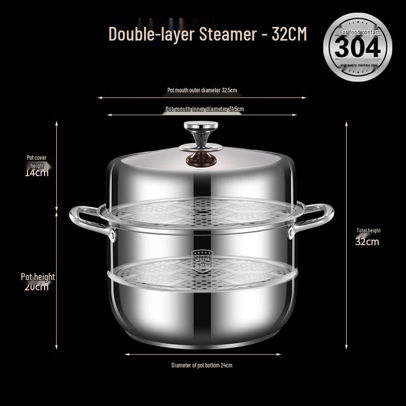 32cm 304 Stainless Steel Double-Layer Steamer Pot with Handle