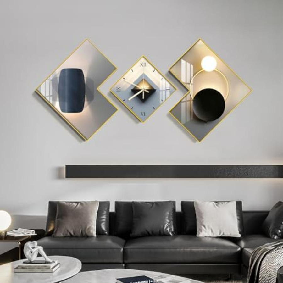 

Large 3pcs Geometric Wall Clock with Silent Movement Modern Decorative Clocks Set with Canvas Painting Creative Wall Decor for чёрный