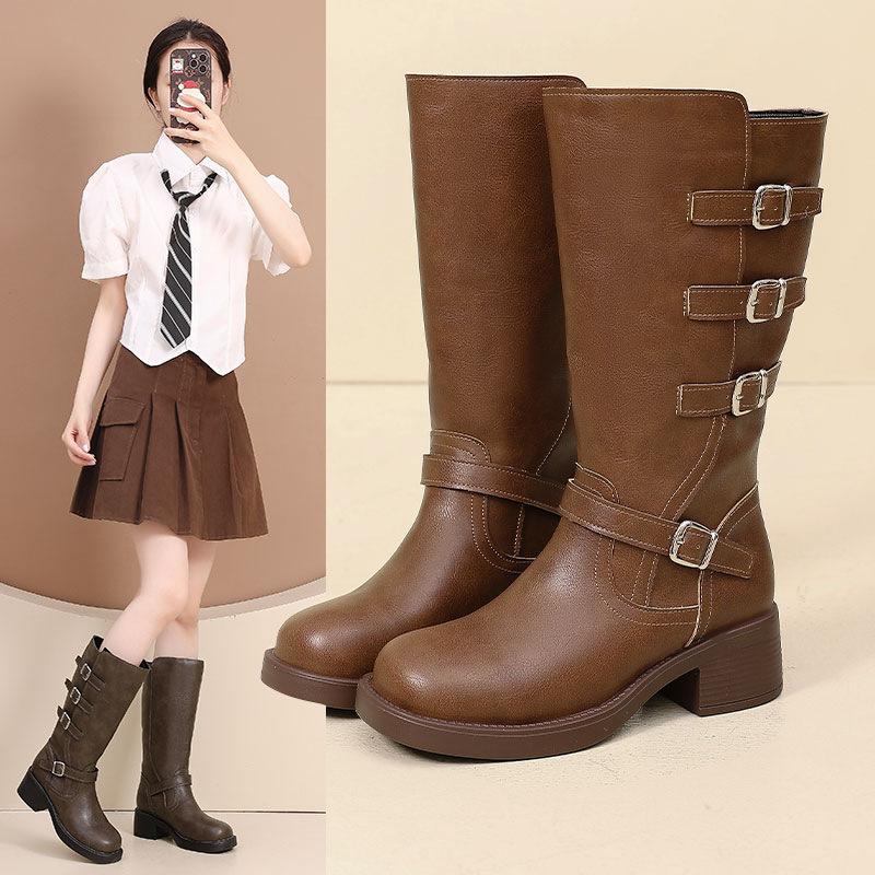 Korean Soft Leather Martin Boots Women's British Style Autumn 2025 New Belt Buckle Retro Medium Tube Thick Heel Fashion Boots