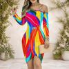 Women Plus Size Colorful Printed Cold Shoulder Long Sleeve Chain Strap Bodycon Dress