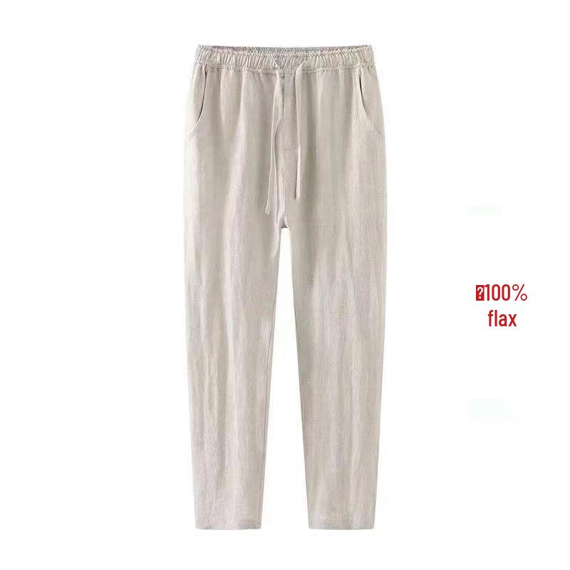 

Men s Pure Linen Nine-Point Harem Pants - Spring/Autumn, Loose, Slimming, Plus Size, Straight Leg M 80-100 lbs