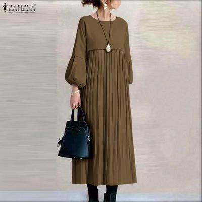 Women Loose Casual Round Neck Puff Long Sleeve Pleated Dress