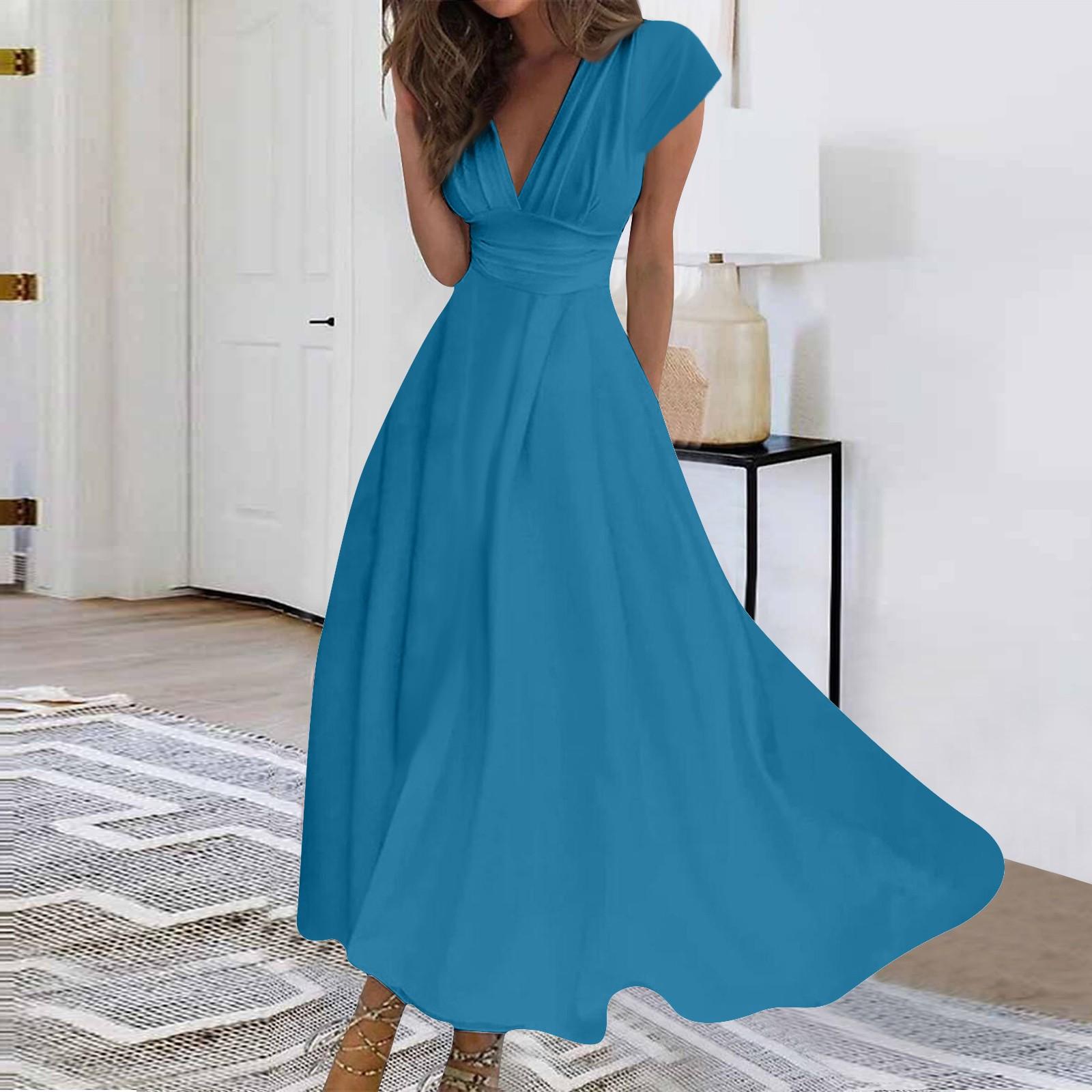 

Женское длинное платье Платье макси Повседневное платье Шифоновые платья Свободное платье Повседневное платье для взрослых на открытом воздухе Повседневное платье с рюшами и коротким рукавом с v-образным вырезом L