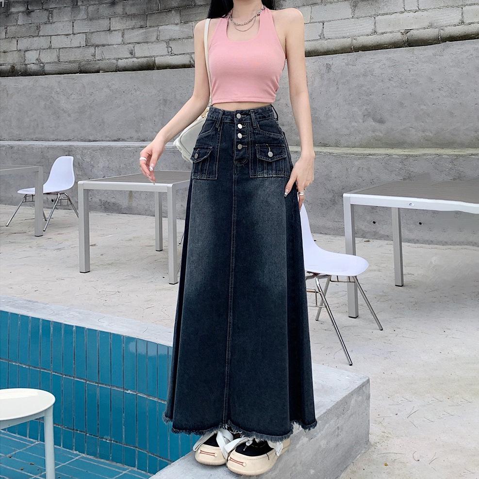 

Трендовая ретро джинсовая юбка макси с высокой талией для женщин - стройнящая фигуру типа груша и универсальный весенний стиль 4XL сине серый