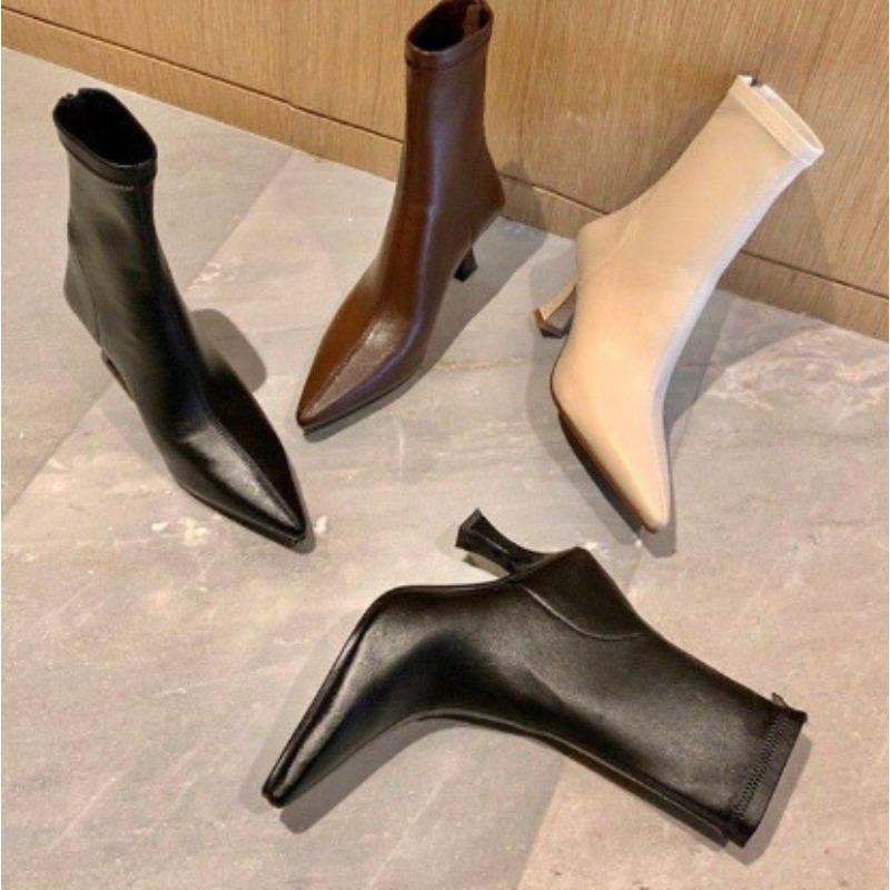Women High Heel Short Leather   New Boots Female Pointed Thin Heel  Ladies Ankle Short Boots Botas De Mujer 2024