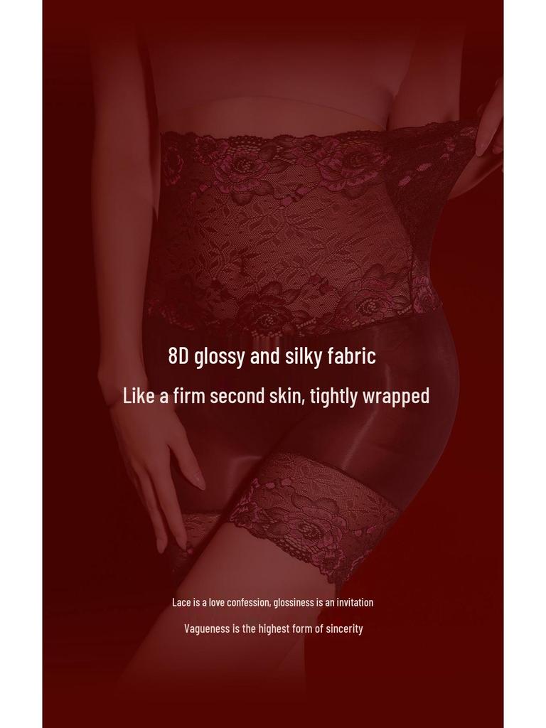 Koronkowe, Ultra Cienkie, Przezroczyste Jedwabne Pończochy 5D z Błyszczącym Wykończeniem Olejem Końskim, Majtki Plus Size z Wysokim Stanem.