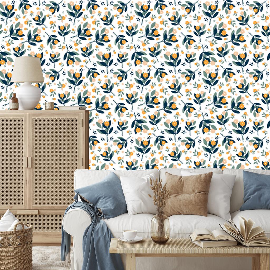 Wallpaper Flowers White, Light Gray, Turquoise and Cream 50x1000