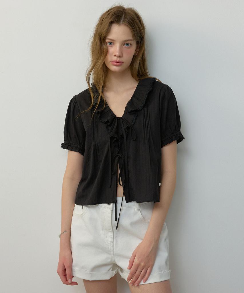 CITYBREEZE Frill V-Neck Short Sleeve Blouse_Black