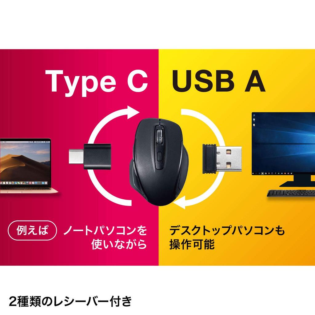 SANWA SUPPLY Silent Wireless Blue LED Mouse with Type-C and A Connectors, Large, 5 Buttons, MA-WBLC169BK