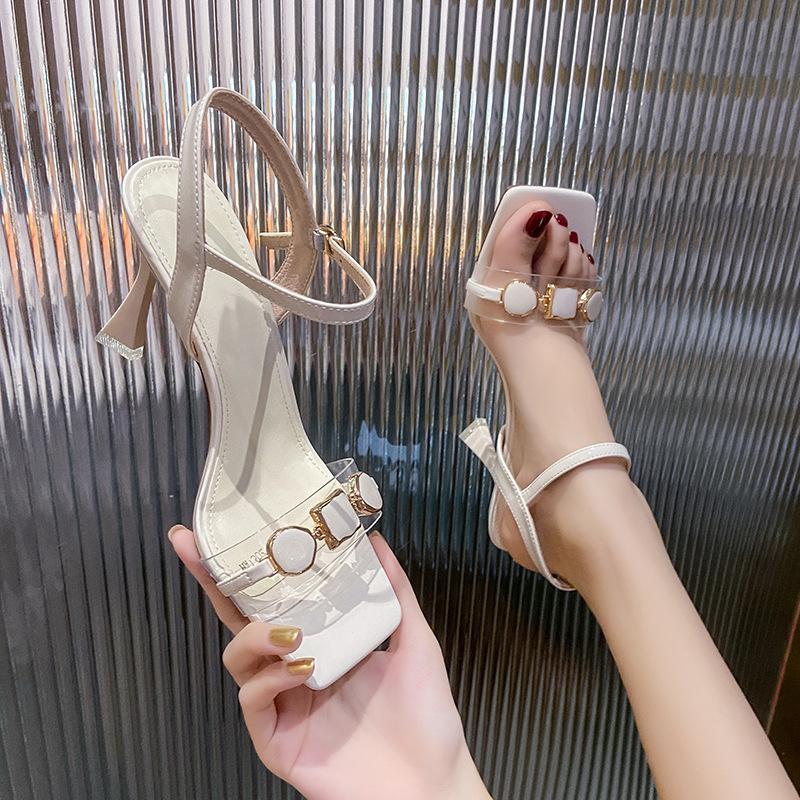 thin heels open-toed high heels women's summer 2025 new rhinestone versatile temperament banquet shoes one-word buckle sandals