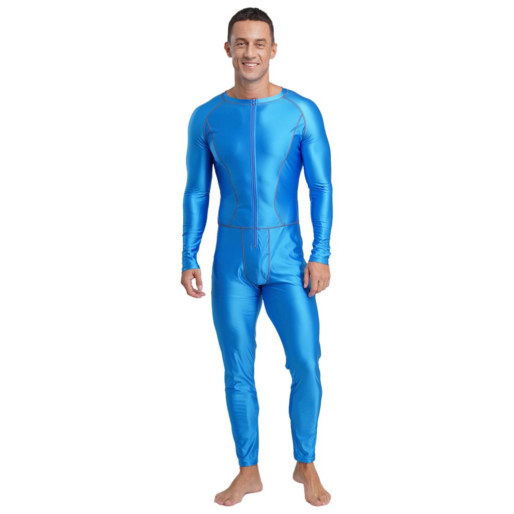 Men‘s Compression Swimwear & Gym Romper S-3XL: Shiny Long Sleeve Jumpsuit with Front Zipper, Flatlock Seams for Comfort