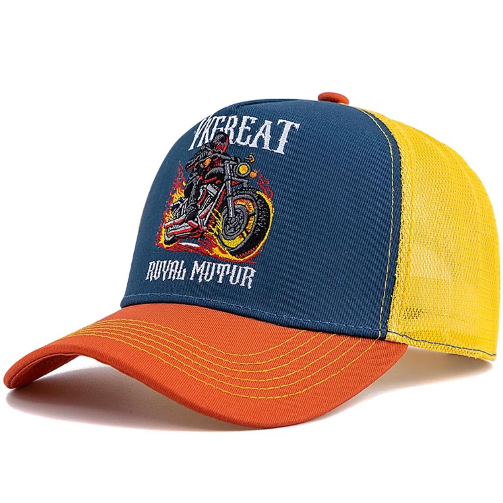 New Motorcycle Embroidered Trucker Hat Flame Biker Patch Baseball Cap For Man Woman Breathable Streetwear Summer Mesh Caps