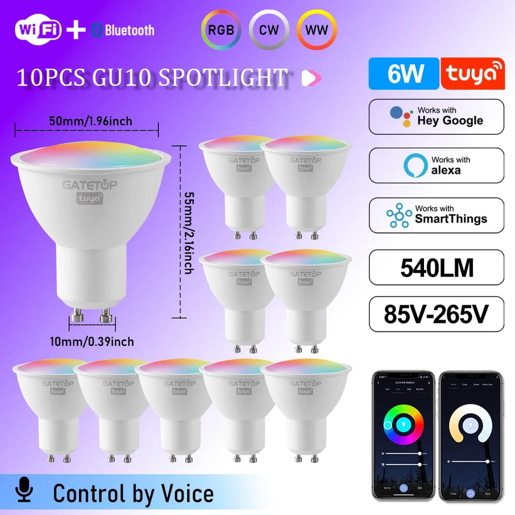 1-10Pcs Tuya GU10 WiFi LED Smart Bulb Dimmable 1-100% RGBCW Spotlight Smart Life APP Work with Alexa Google Home Voice Control