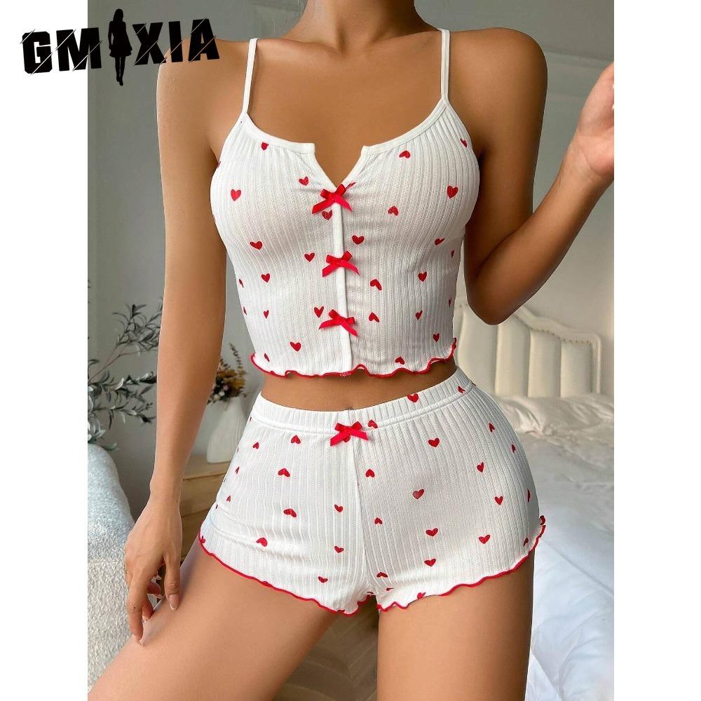 

GMXIA Тонкий женский домашний костюм с шортами на бретелях, перекрещенной спинкой, полосками под мышками, ложным разрезом и европейской и американской пижамой M белый/красный