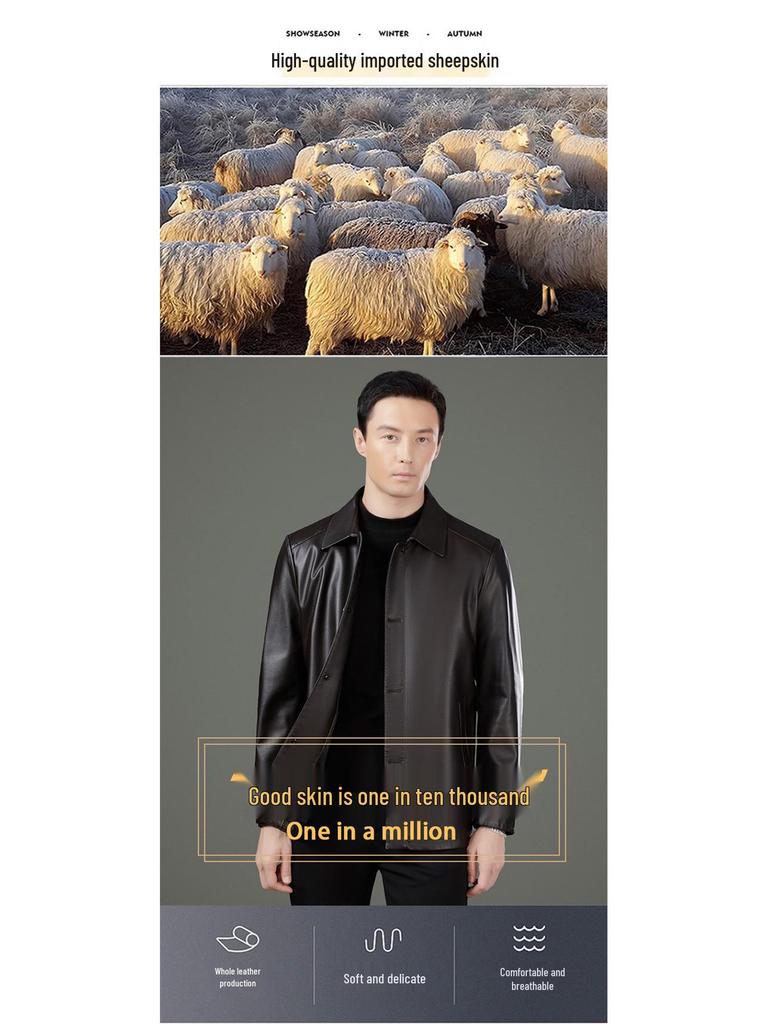 Men's Genuine Sheepskin Lapel Coat - Winter 2025 Single-Breasted Leather Jacket with Plush Lining for Middle-Aged Dads