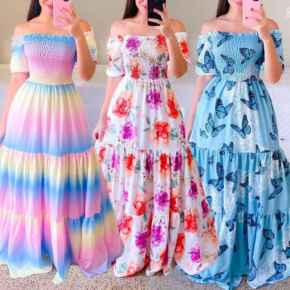 

European & American Stylish One-Shoulder Printed Strapless Maxi Dress for Women Small