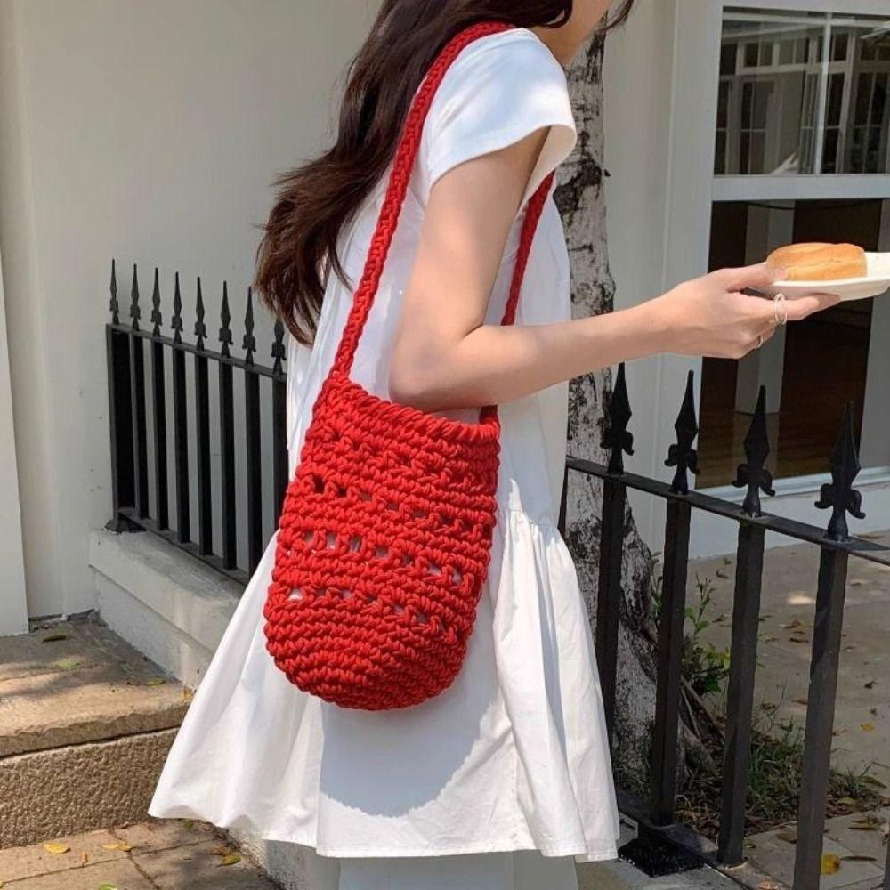 Solid Color Crochet Tote Bag Braided Knitted Shoulder Bag Cute Beach Bag Ladies/Girls