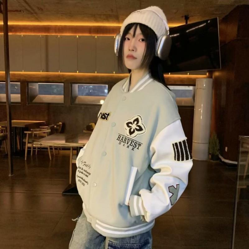 Herre Dame Oversized Baseballjakke PU Læder Patchwork Rombus Broderi Efterår Casual Moto Yderbeklædning