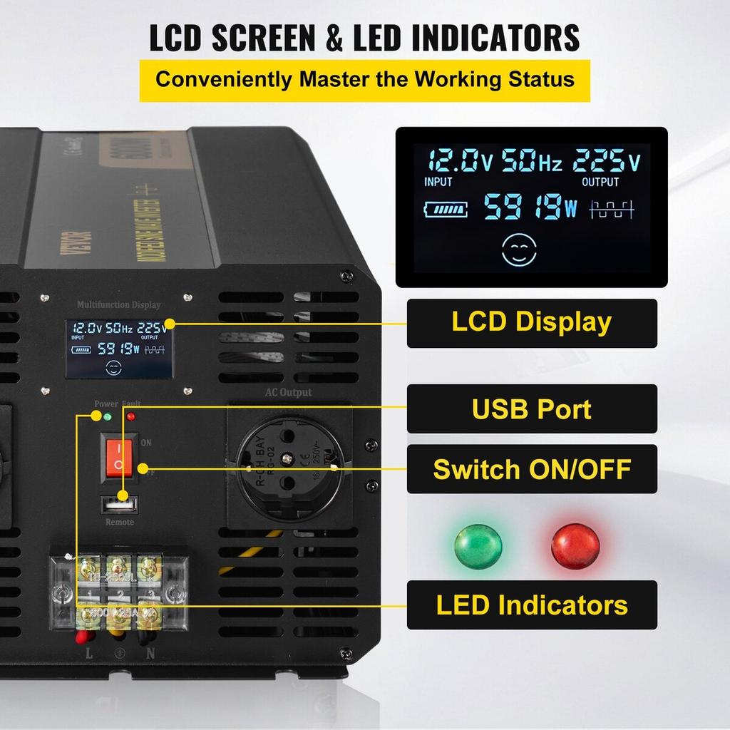 Power Inverter Modified Sine Wave Inverter 6000W DC 12V To AC 230V LCD