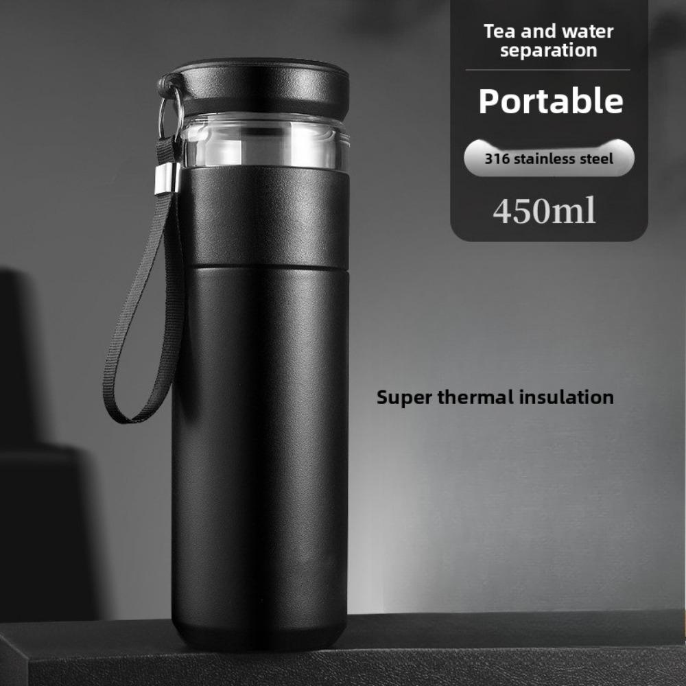 

New Multi-functional outdoor tea-water separation insulated cup, 316 stainless steel water cup, household thickened cup, tea cup 450ml чёрный