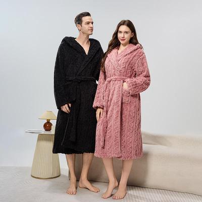 Hooded Jacquard Fleece Bathrobes for Men and Women – Warm, Thick Long Robes for Autumn and Winter