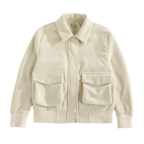 Men Corduroy Jacket Lapel Long Sleeve Flap Pockets Full Zipper Closure Solid Color Jacket Casual Outerwear