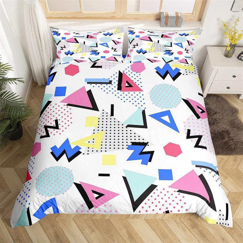Retro 80s Style Bedding Set Twin King Size Abstract Geometric Pattern Duvet Cover Set Microfiber Circle And Triangle Quilt Cover
