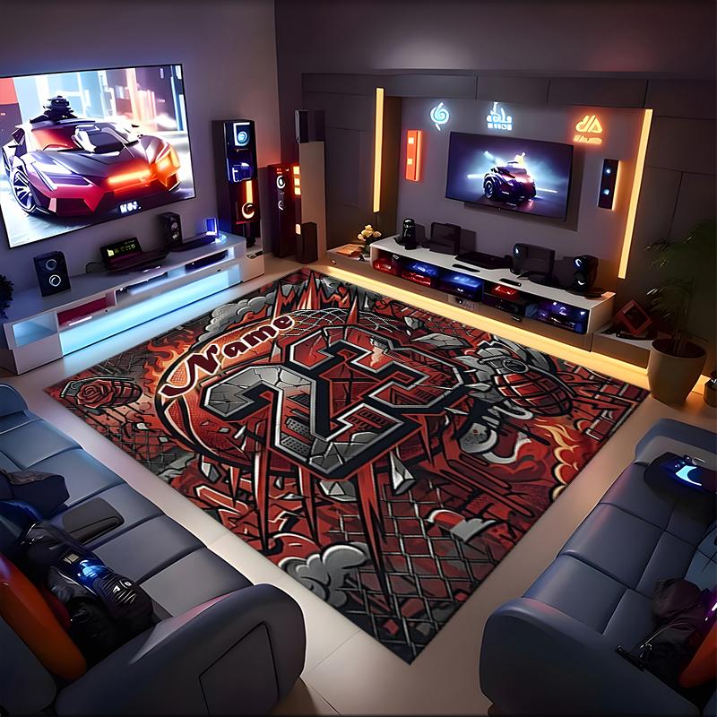 1PC Custom Name Fire Ice Sports Theme Theme Floor Mat Ideal for Living Room, Game Rooms, Office, Bedroom,Floor Mat Playful Design