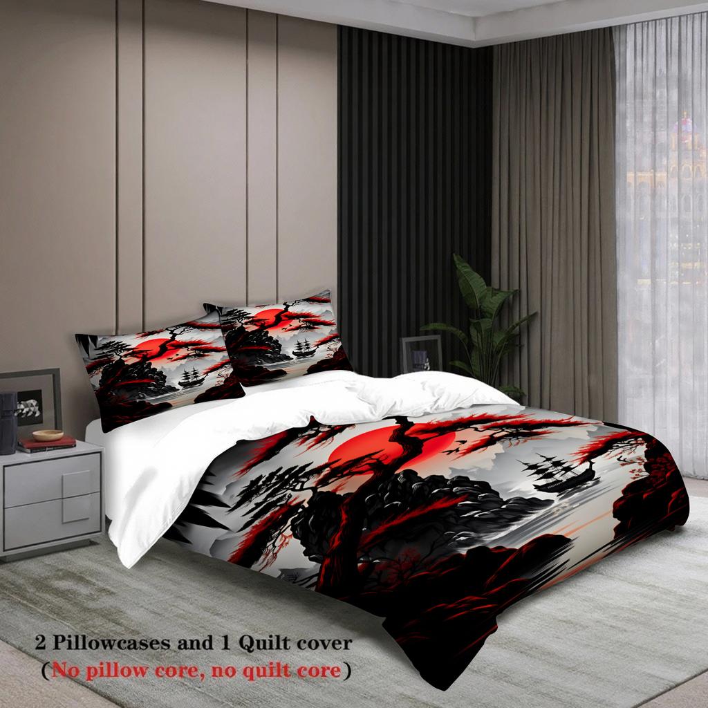 Set Biancheria da Letto Paesaggio Giapponese 3 Pezzi Stampa 3D Tramonto Rosso e Albero di Pino Copripiumino con Federe Senza Imbottitura
