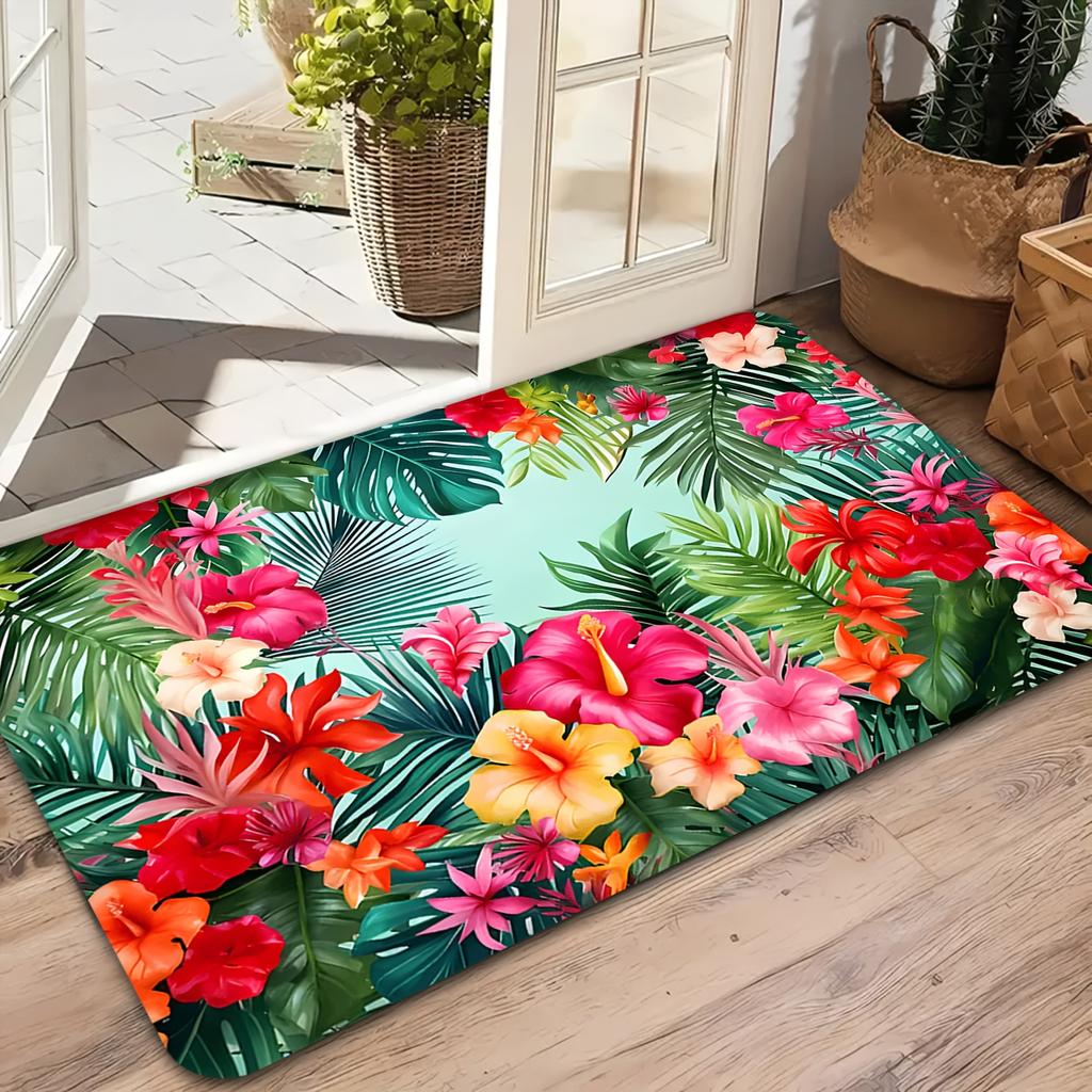 1pc 2D Flat Tropical Hibiscus Palm Leaves Vibrant Colors Flannel Door Mat Non Slip Summer Jungle Rug For Entryway Poolside Floor