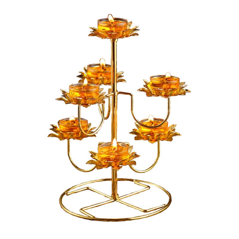 Buddhist Ghee Lamp Holder - Seven Stars Oil Lamp with Lotus Design for Temple Offerings and Everlasting Candle Display.