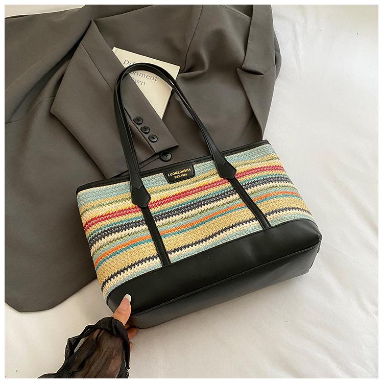 

Summer rainbow strip straw bag women s 2025 new fashion commuter shoulder bag seaside vacation beach tote bag