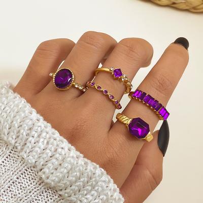 Anel suave romântico anel de cristal ametista quadrado moda charme conjunto de anel de luxo 5 peças anel de verão estudante bonito elfo conjunto de presente combinando jóias