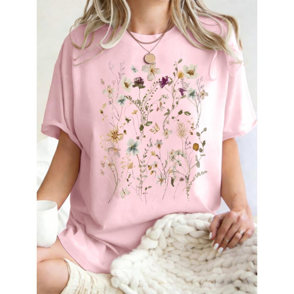 Beautiful Flower Clusters Printing Woman T-Shirt Summer Oversized Short Sleeve O-Neck Cotton T Shirts Y2K Women Sports Tops