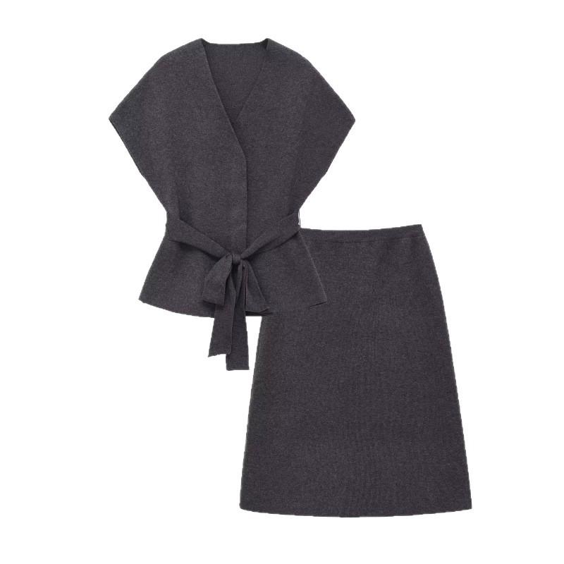 Damen Modischer Strickweste & Pendlerstil Rock mit Gürtel