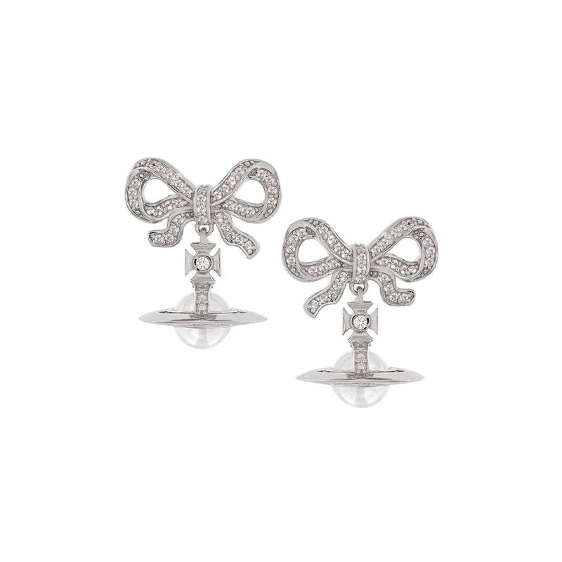 Vivienne Westwood Octavie Bow Saturn Pendant Earrings Women earrings Silver Transparent 6202014H01P346 Basic Packaging-Dust Bag+Box