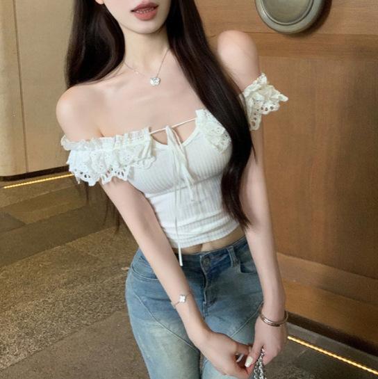 With Chest Pad, One-word Shoulder Lace Hook-up Splicing Short-sleeved Tube Top T-shirt Women's Summer Slim-fitting Waist Tight Pure Desire Top
