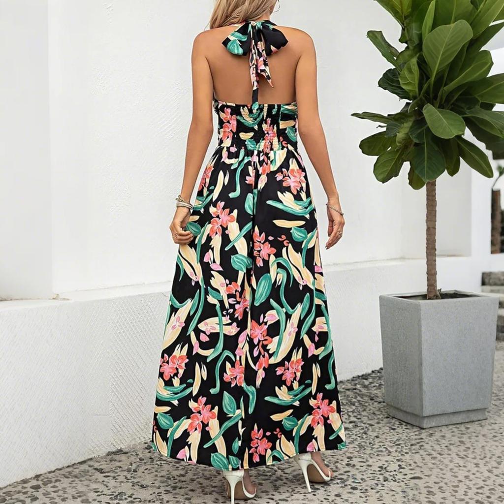 Dame Temperament Neck Print Bohemian Dress Holiday Beach Maxi Dress