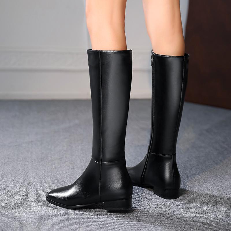 Fashion Winter PU Leather Women Knee High Boots Motorcycle Square Toe Zip Footwear Low Heels Female Riding Ladies Long Boats 2025 New