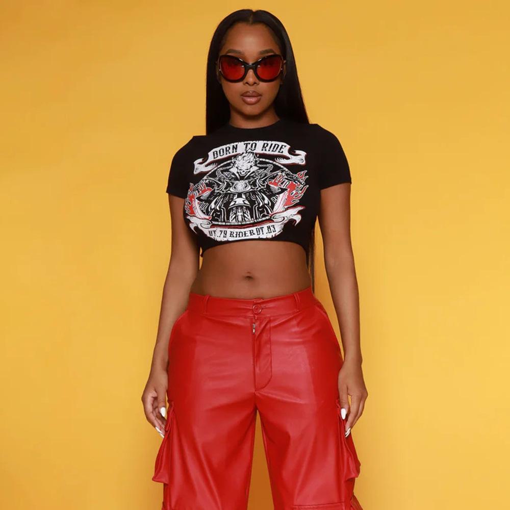 European and American live broadcast Spice Girls women's clothing summer round neck open button versatile tight back hollow short sleeve top women