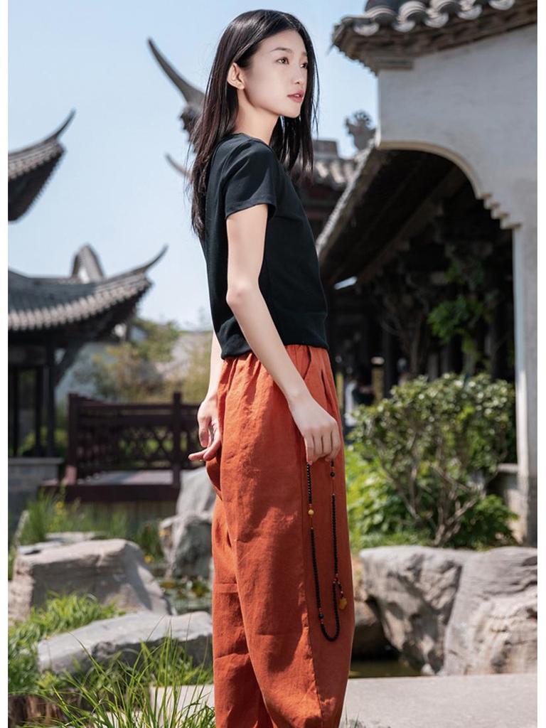 Spring Summer Artistic Loose Sand-Washed Linen Casual Pants for Women - Slimming, Lightweight Meditation Lantern Style