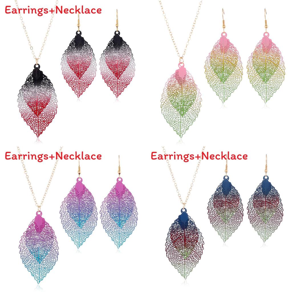 Vintage Leaf Jewelry Set With Stainless Steel Metal Pendant And Box Chain For Boho Style Fans